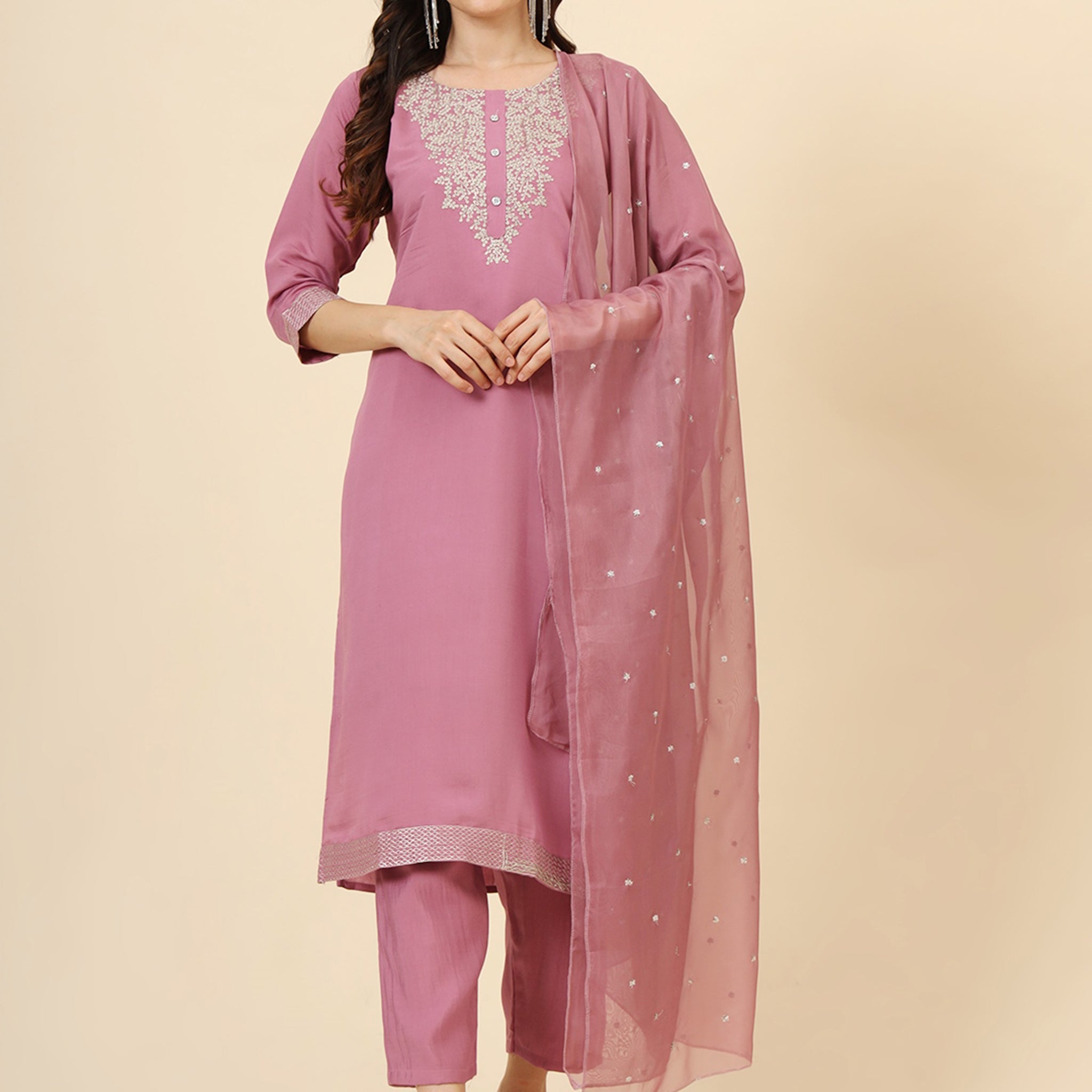 Glamorous Pink Embroidered Muslin Silk Festival Wear Pant Suit