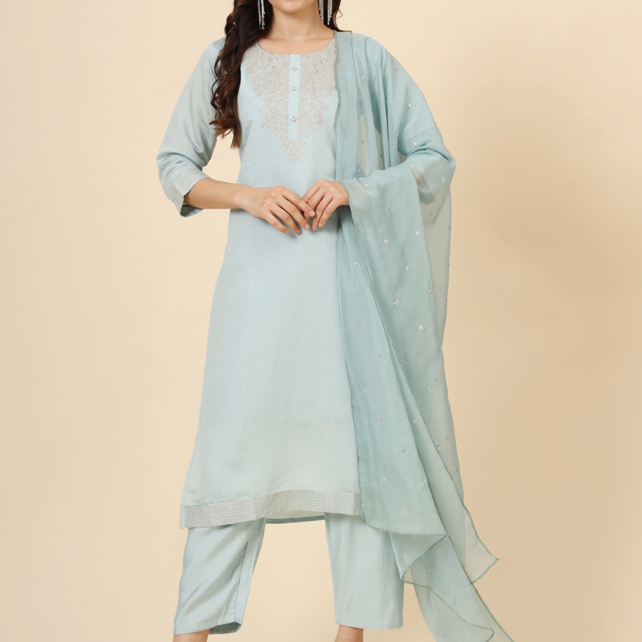 Beautiful Sky-Blue Embroidered Work Silk Traditional Pant Suit