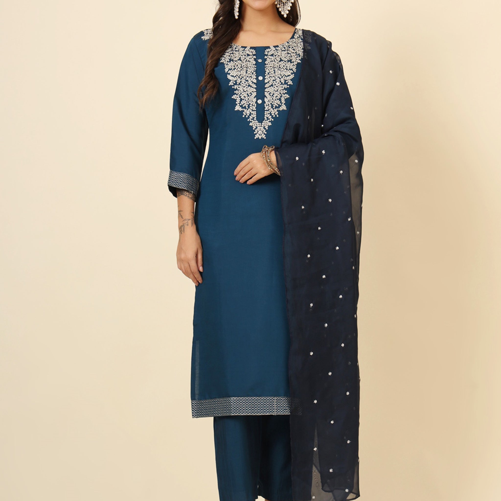 Fascinating Blue Embroidered Silk Pant Suit With Dupatta