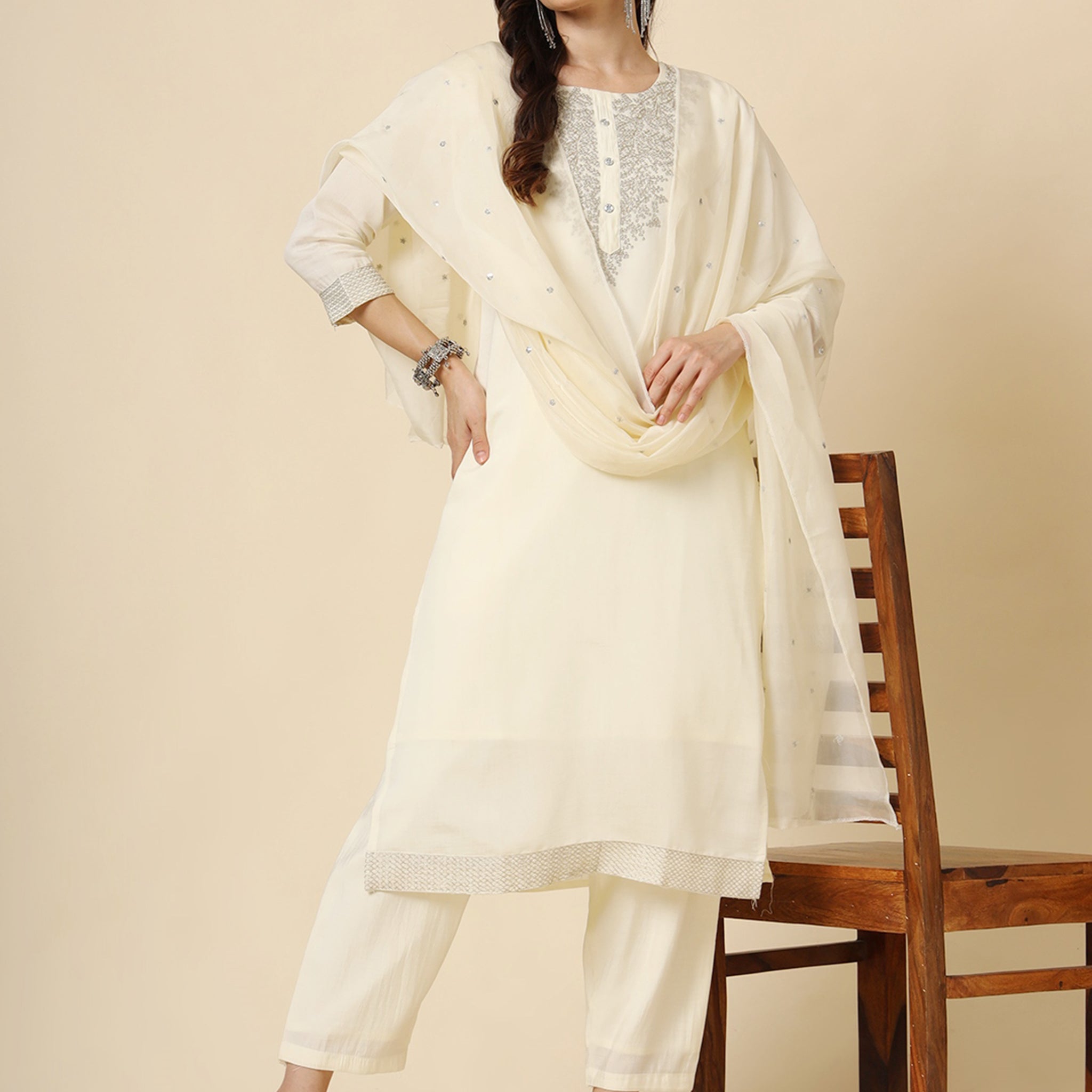 Stunning Cream Embroidered Muslin Silk Traditional Pant Suit