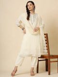 Stunning Cream Embroidered Muslin Silk Traditional Pant Suit