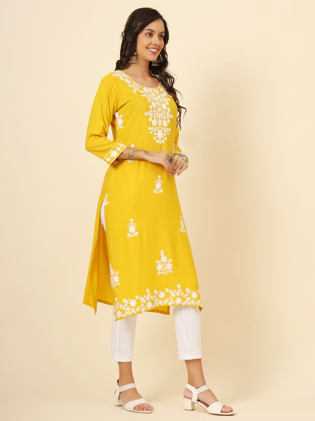 Awesome Yellow Thread Embroidery Rayon Festival Wear Kurti