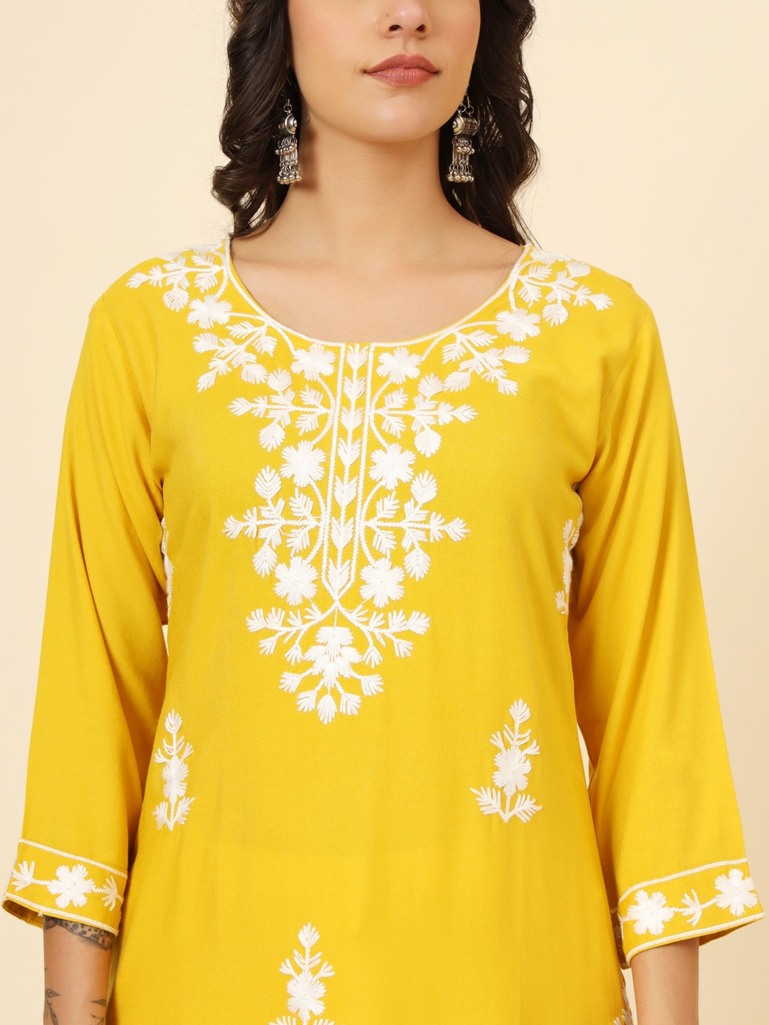 Awesome Yellow Thread Embroidery Rayon Festival Wear Kurti