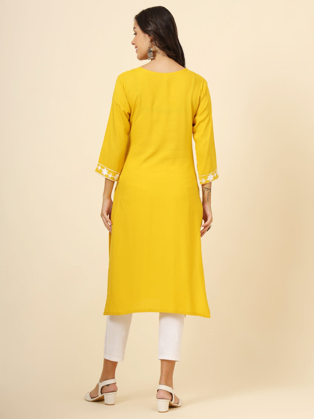 Awesome Yellow Thread Embroidery Rayon Festival Wear Kurti