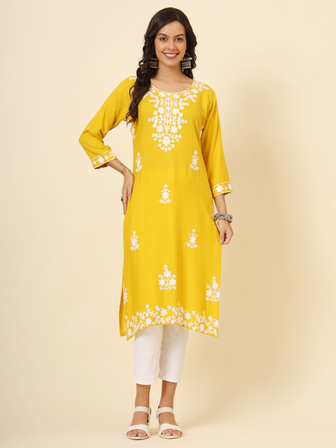 Awesome Yellow Thread Embroidery Rayon Festival Wear Kurti