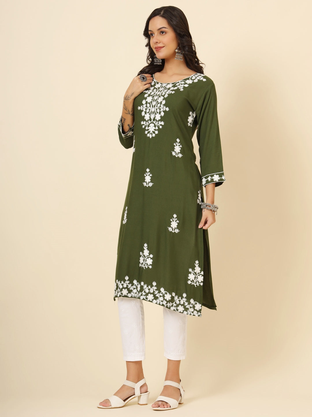 Marvelous Olive Green Thread Embroidery Rayon Traditional Kurti