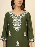 Marvelous Olive Green Thread Embroidery Rayon Traditional Kurti