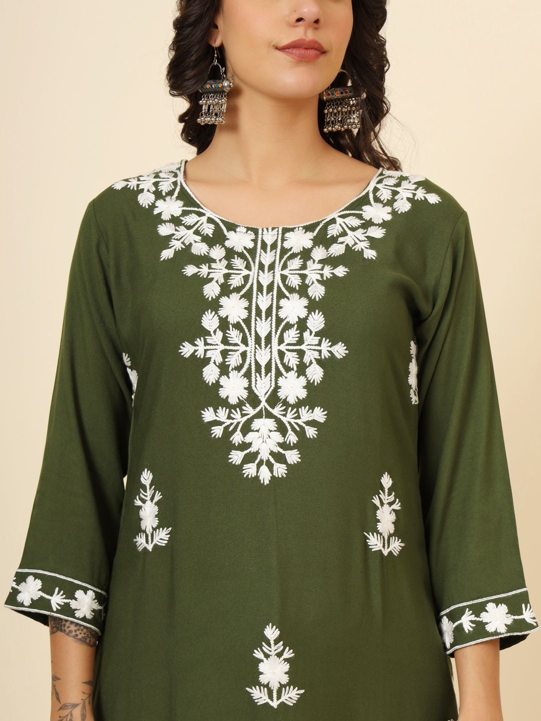 Marvelous Olive Green Thread Embroidery Rayon Traditional Kurti