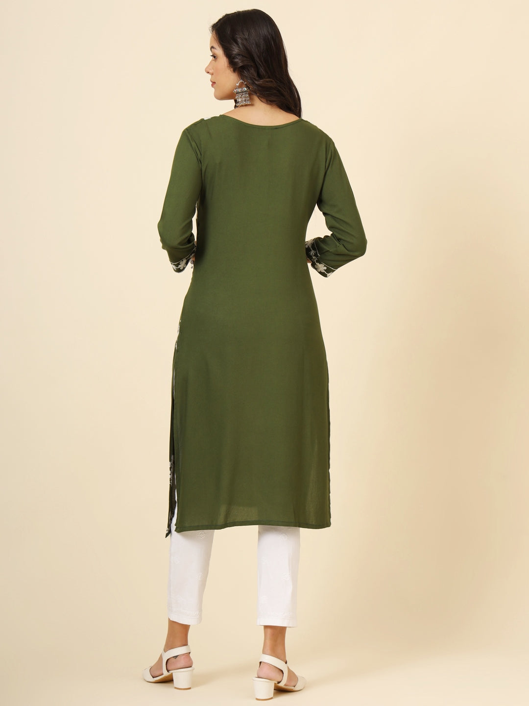 Marvelous Olive Green Thread Embroidery Rayon Traditional Kurti