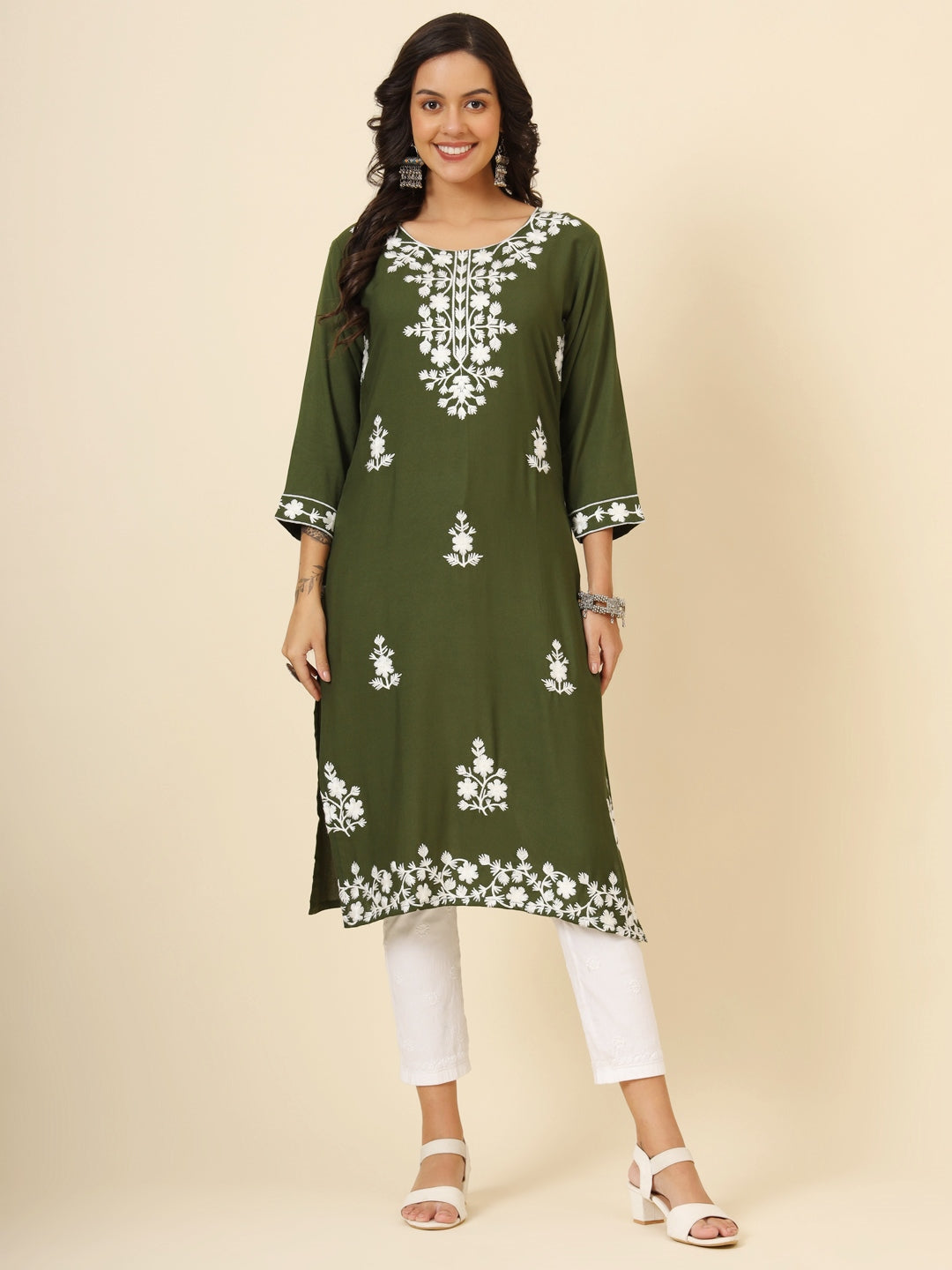 Marvelous Olive Green Thread Embroidery Rayon Traditional Kurti