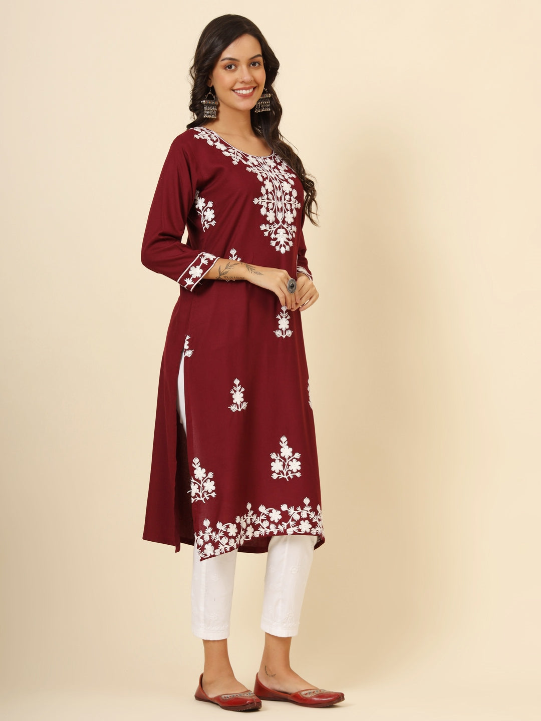 Wonderful Maroon Thread Embroidery Rayon Office Wear Kurti