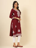 Wonderful Maroon Thread Embroidery Rayon Office Wear Kurti