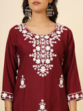 Wonderful Maroon Thread Embroidery Rayon Office Wear Kurti