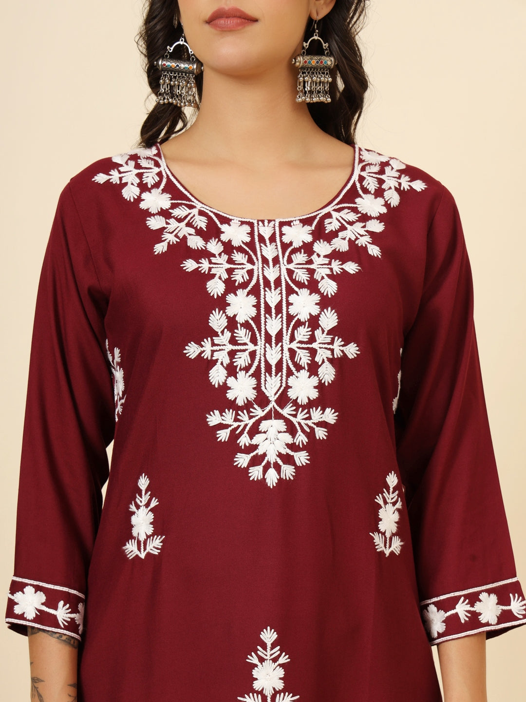 Wonderful Maroon Thread Embroidery Rayon Office Wear Kurti
