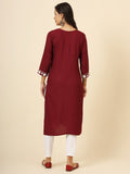 Wonderful Maroon Thread Embroidery Rayon Office Wear Kurti