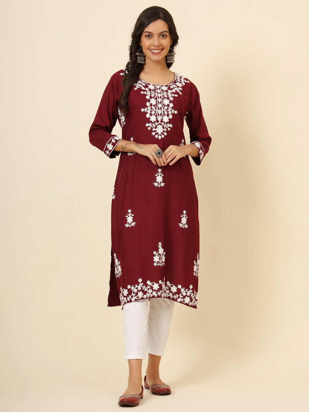 Wonderful Maroon Thread Embroidery Rayon Office Wear Kurti