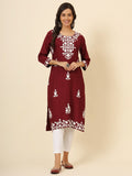 Wonderful Maroon Thread Embroidery Rayon Office Wear Kurti