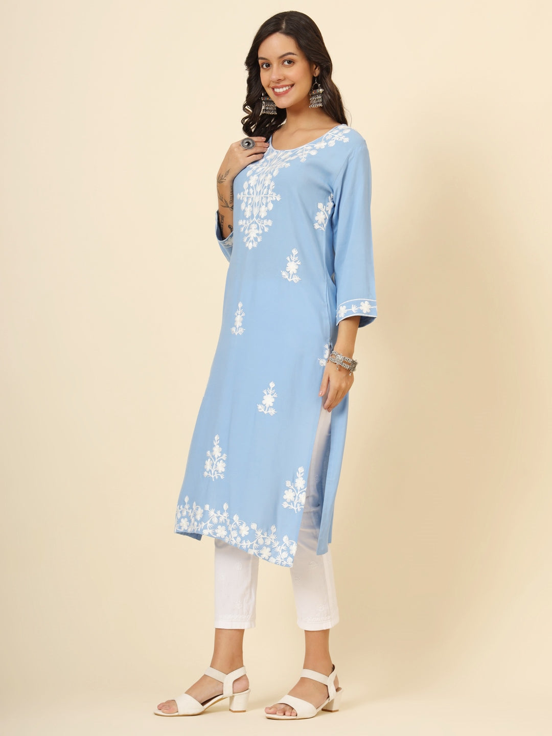 Incredible Sky-Blue Thread Embroidery Rayon Casual Wear Kurti