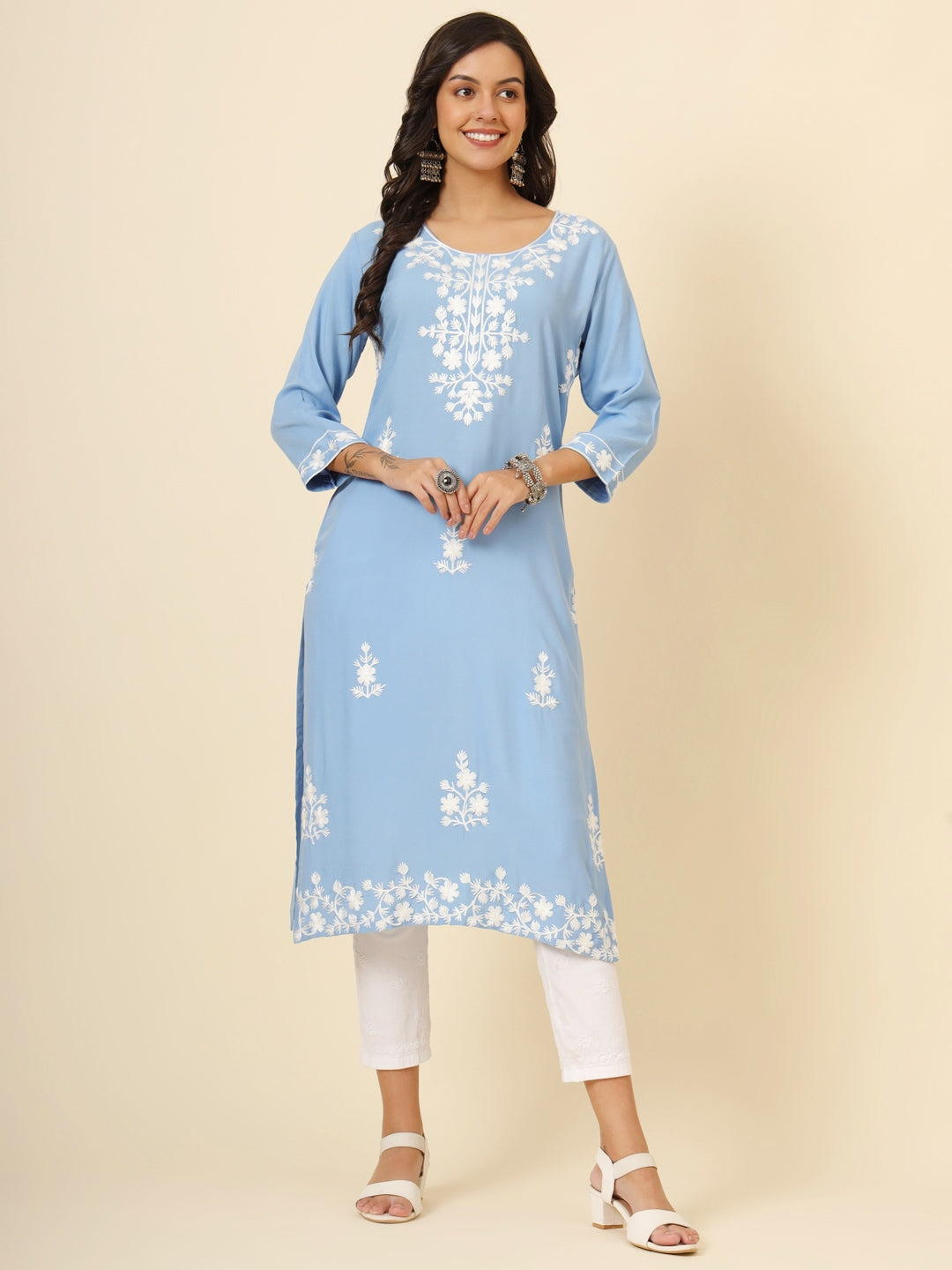 Incredible Sky-Blue Thread Embroidery Rayon Casual Wear Kurti