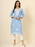 Incredible Sky-Blue Thread Embroidery Rayon Casual Wear Kurti
