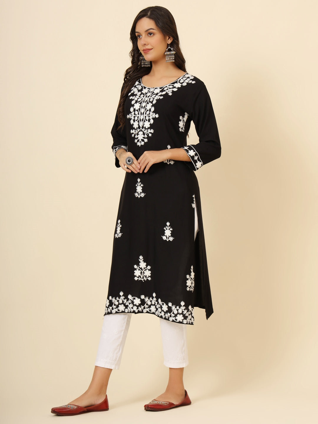 Astonishing Black Thread Embroidery Rayon Festival Wear Kurti