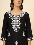 Astonishing Black Thread Embroidery Rayon Festival Wear Kurti