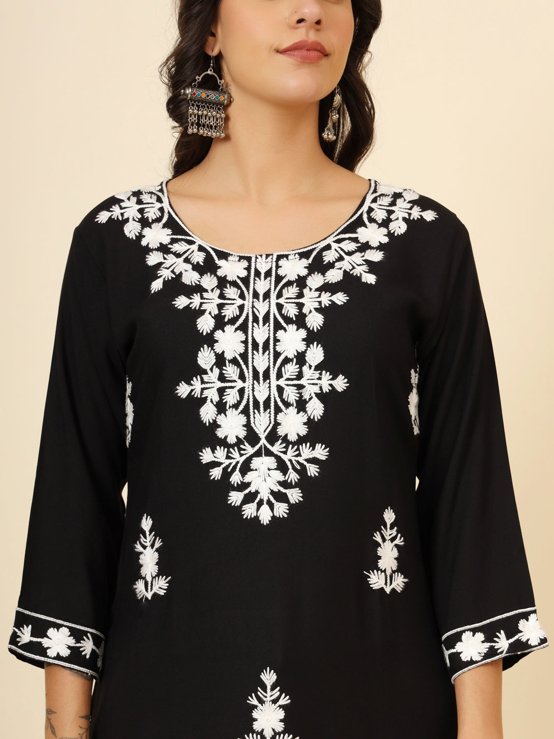 Astonishing Black Thread Embroidery Rayon Festival Wear Kurti