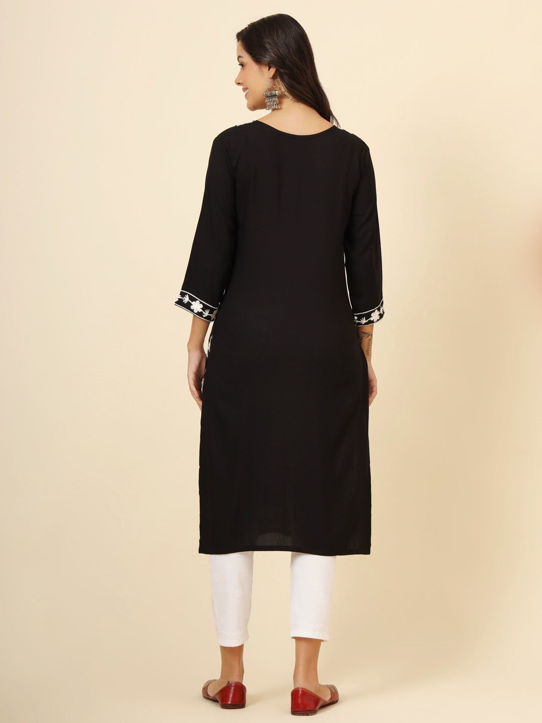 Astonishing Black Thread Embroidery Rayon Festival Wear Kurti