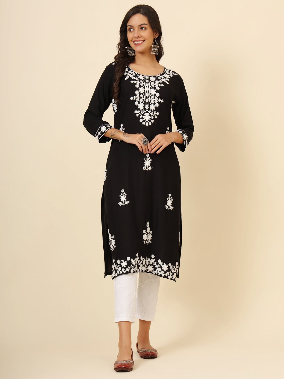 Astonishing Black Thread Embroidery Rayon Festival Wear Kurti