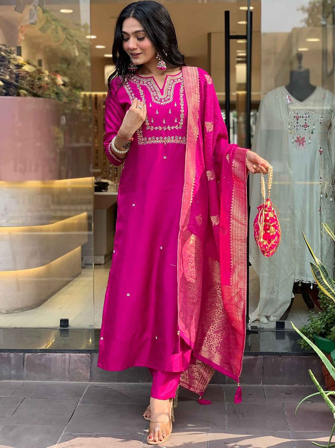 Wonderful Rani Pink Hand Work Viscose Engagement Wear Pant Suit