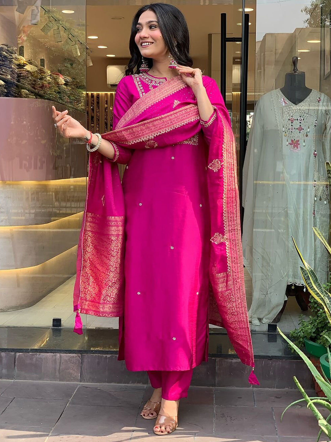 Wonderful Rani Pink Hand Work Viscose Engagement Wear Pant Suit