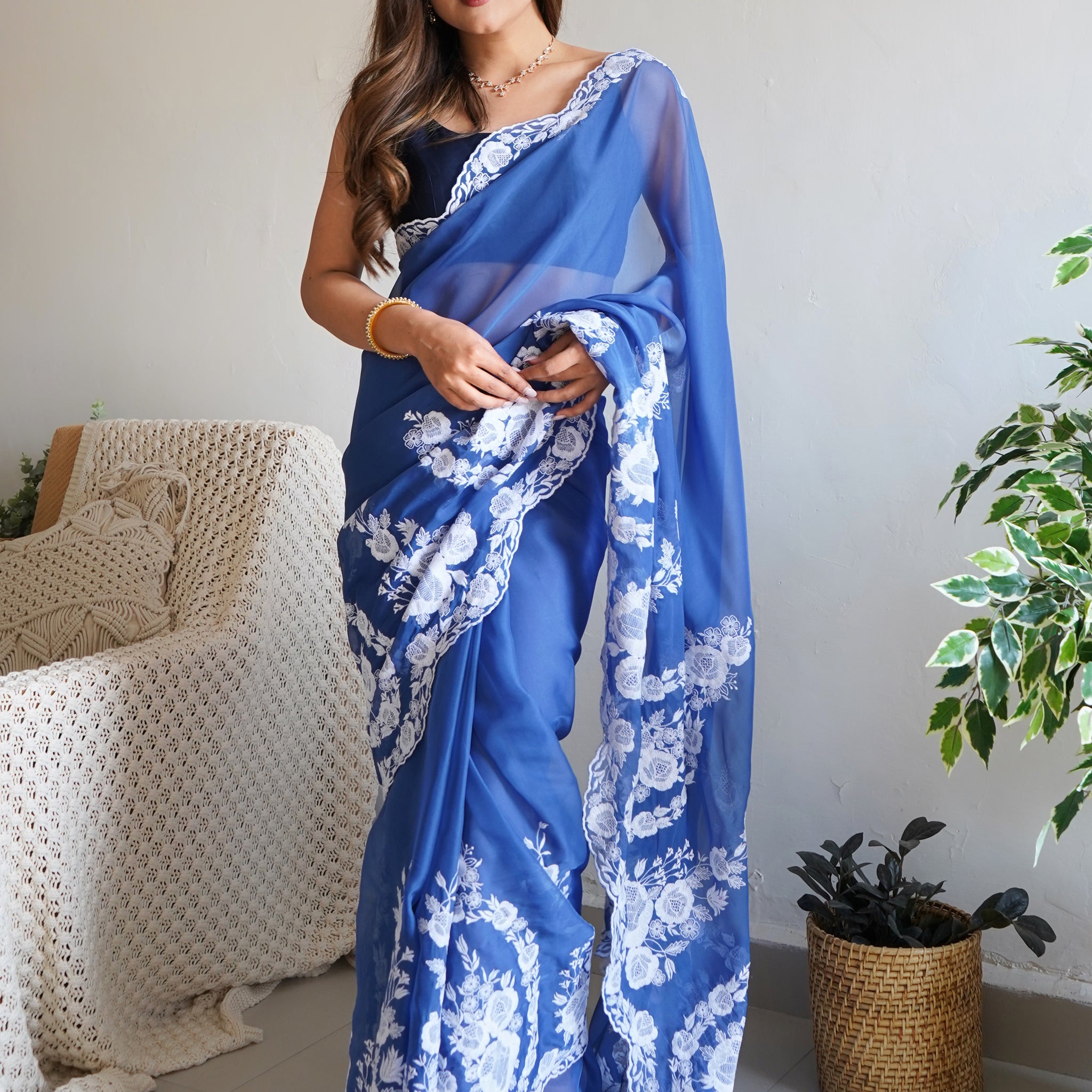 Beautiful Blue Thread Embroidered Organza Lucknowi Saree With Blouse