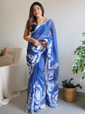 Beautiful Blue Thread Embroidered Organza Lucknowi Saree With Blouse