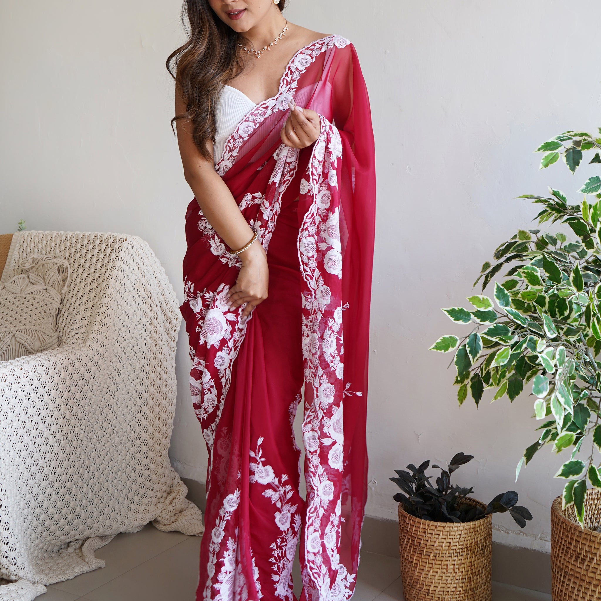 Gorgeous Red Thread Work Organza Festival Wear Saree With Blouse