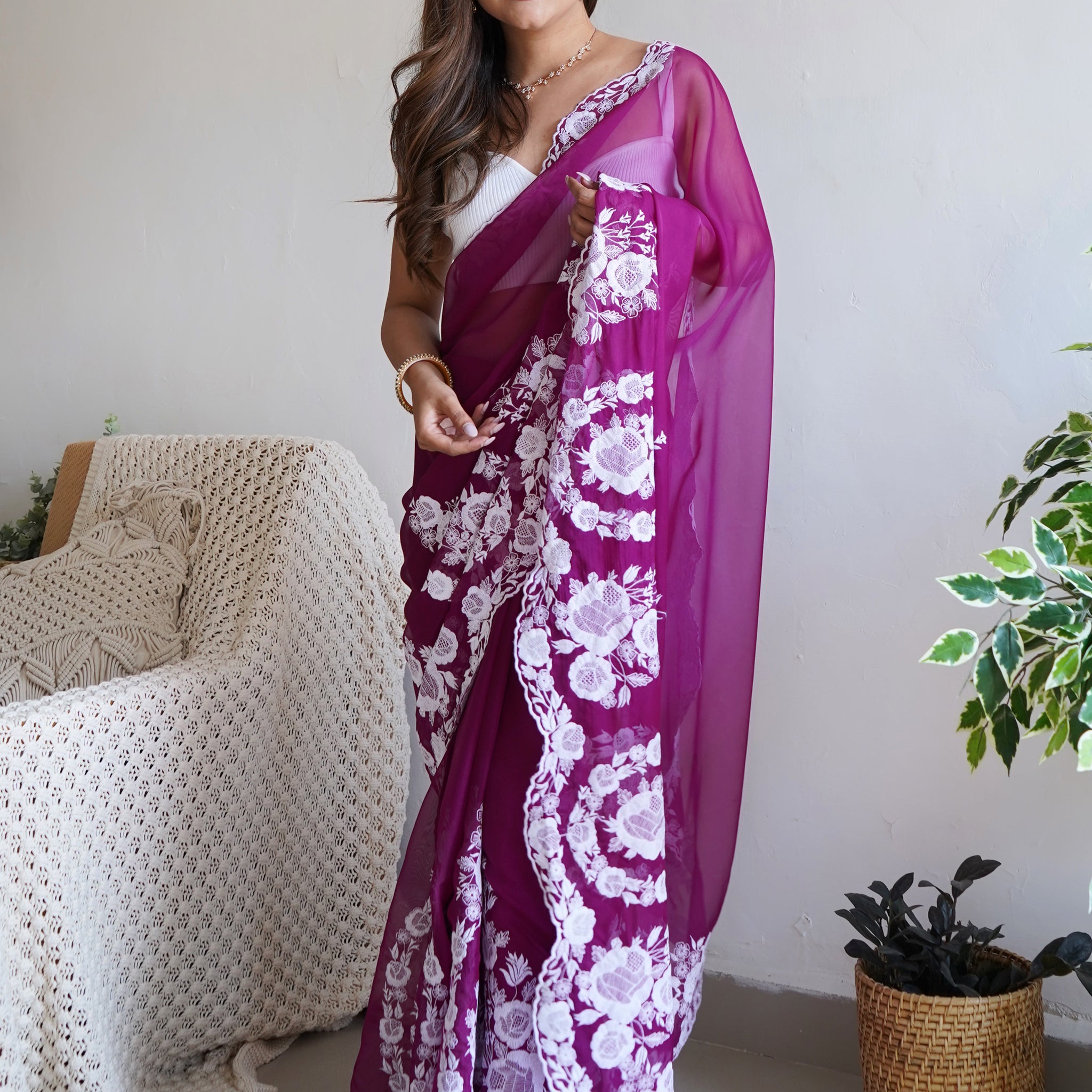 Attractive Purple Thread Work Organza Lucknowi Saree With Blouse