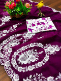 Attractive Purple Thread Work Organza Lucknowi Saree With Blouse
