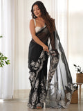 Adorable Black Thread Embroidered Organza Party Wear Saree