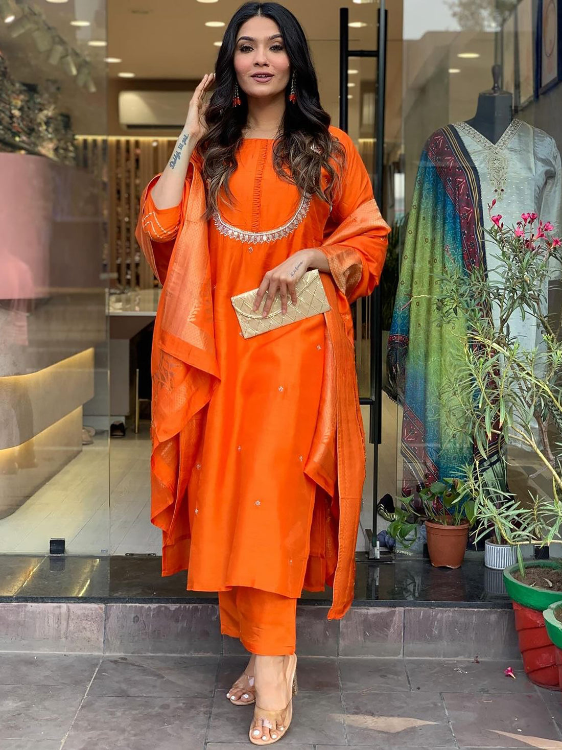 Charming Orange Embroidered Viscose Traditional Pant Suit