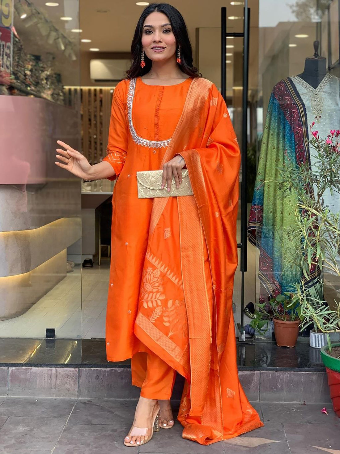 Charming Orange Embroidered Viscose Traditional Pant Suit