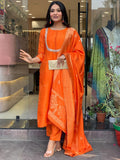 Charming Orange Embroidered Viscose Traditional Pant Suit