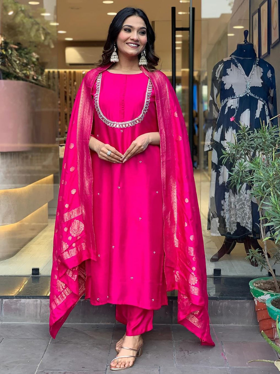 Attractive Pink Embroidered Viscose Pant Suit With Dupatta