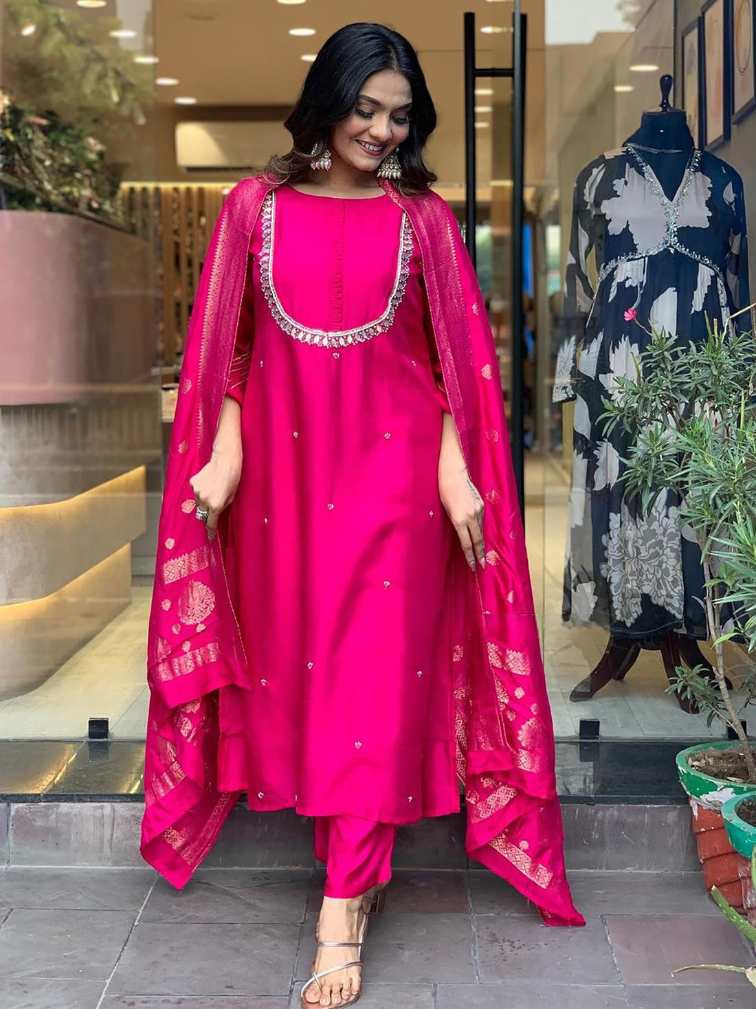 Attractive Pink Embroidered Viscose Pant Suit With Dupatta