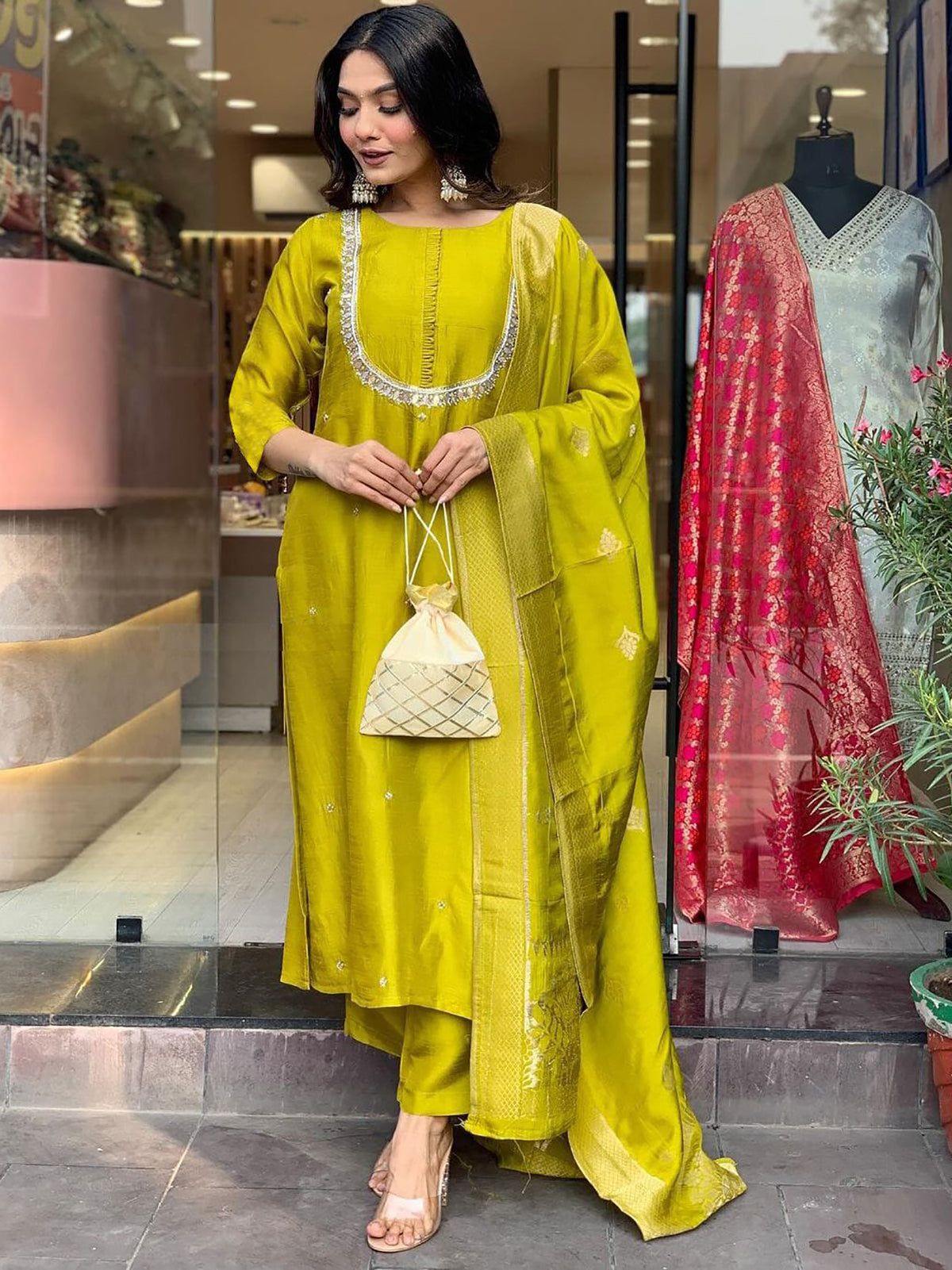 Adorable Lime Green Embroidered Viscose Festival Wear Pant Suit