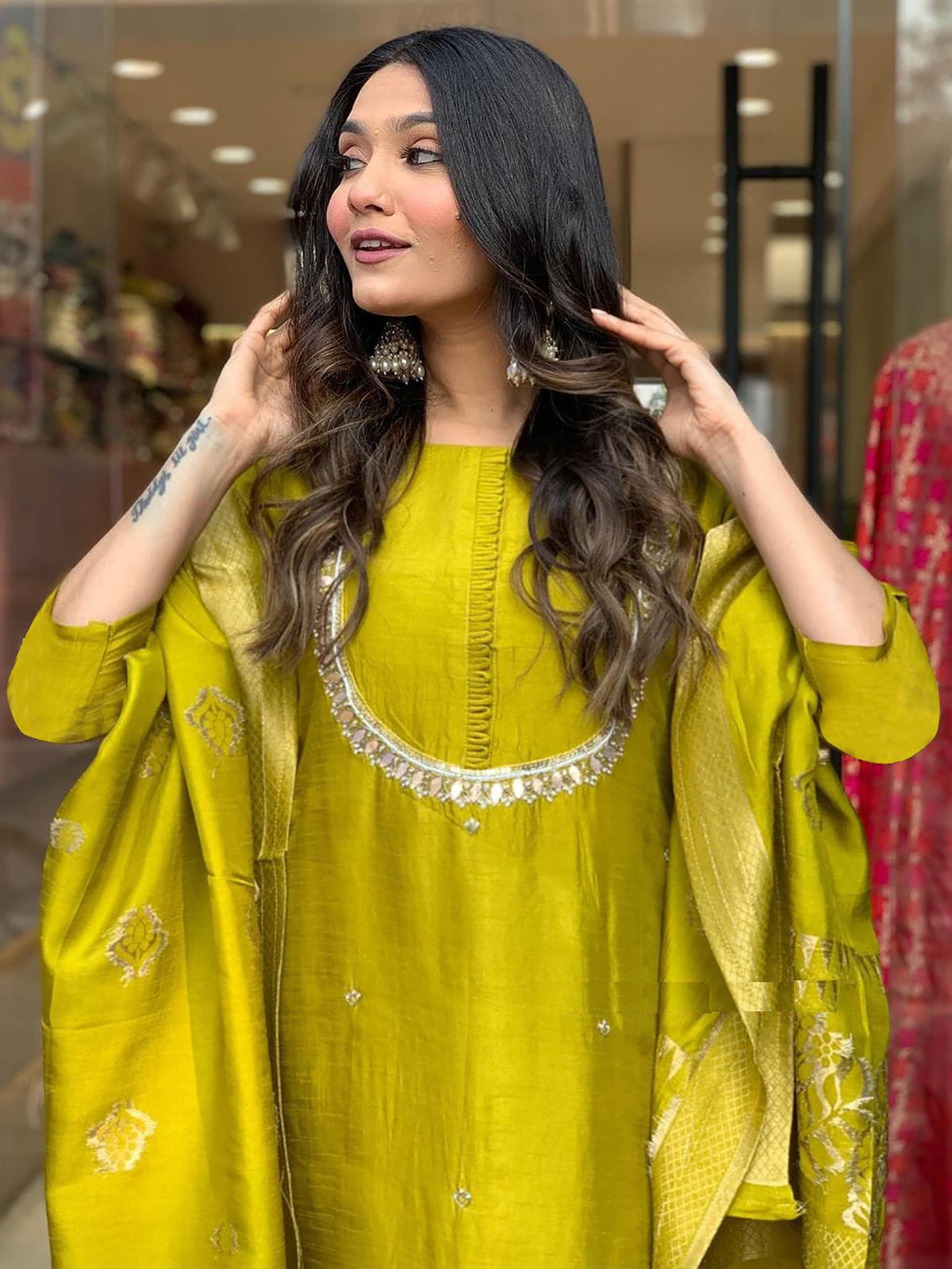 Adorable Lime Green Embroidered Viscose Festival Wear Pant Suit