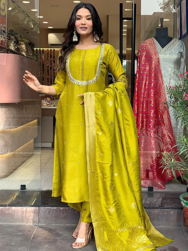 Adorable Lime Green Embroidered Viscose Festival Wear Pant Suit