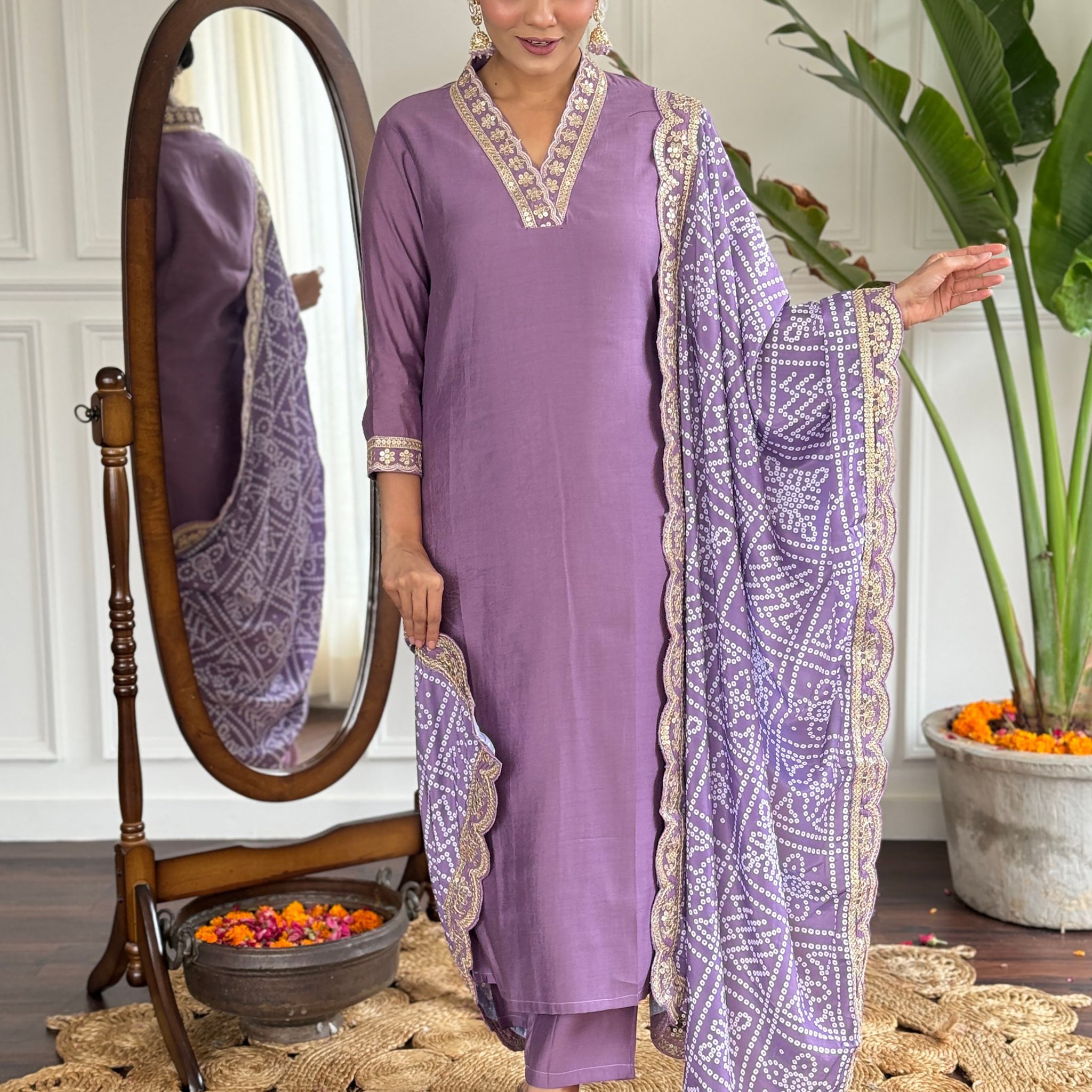 Stunning Purple Viscose Traditional Pant Suit With Bandhani Dupatta