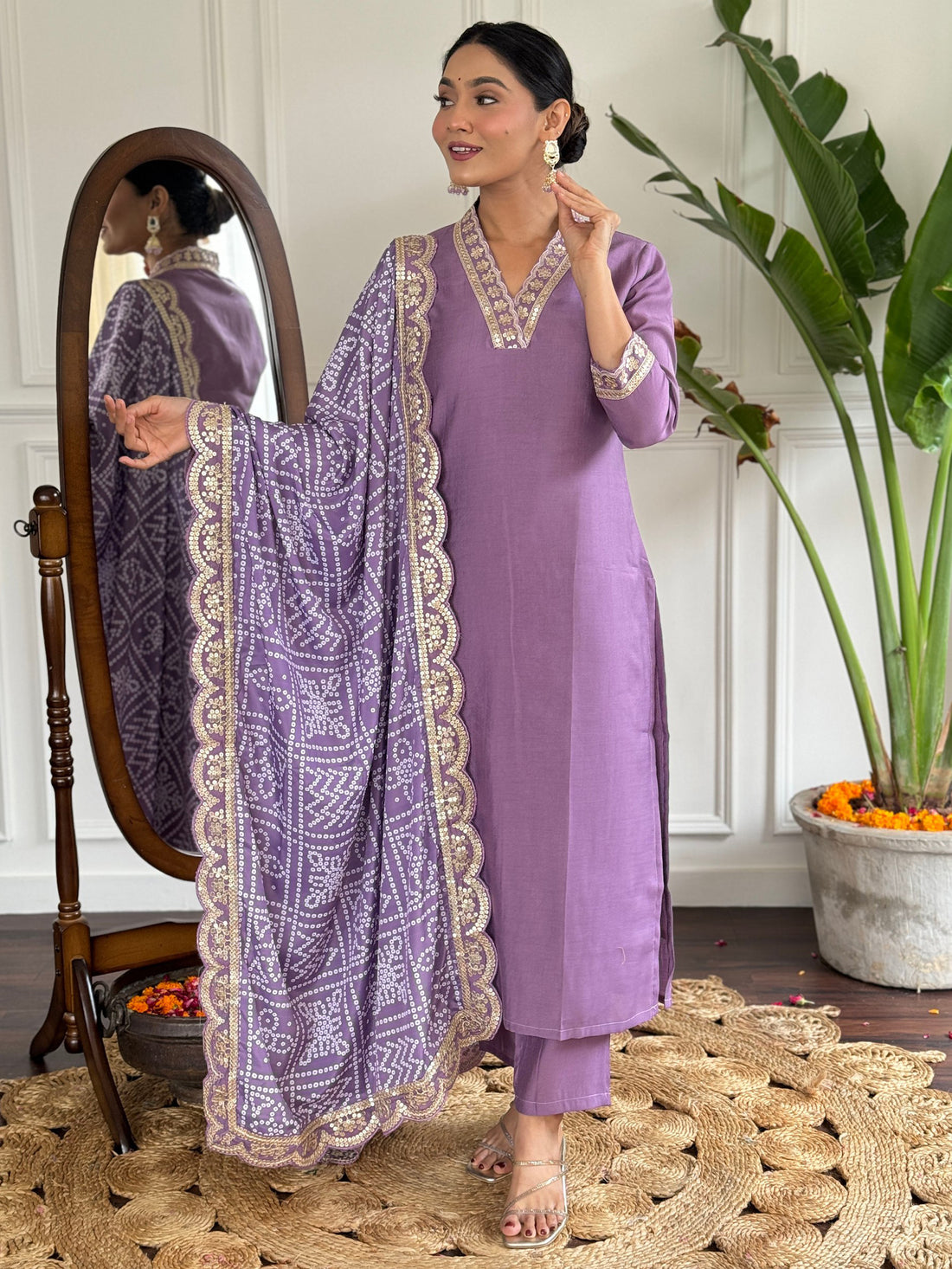 Stunning Purple Viscose Traditional Pant Suit With Bandhani Dupatta