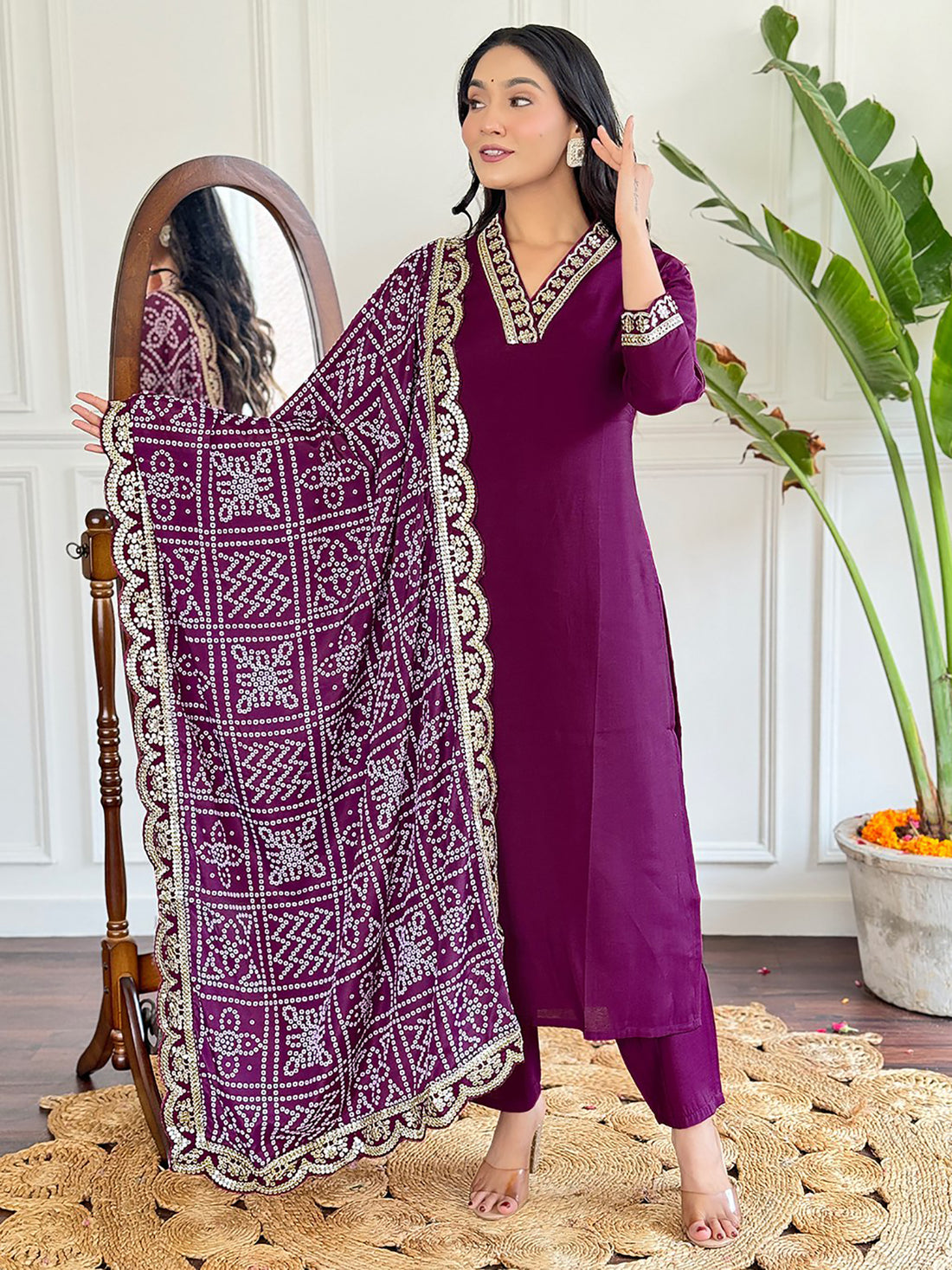 Lovely Wine Viscose Event Wear Pant Suit With Bandhani Dupatta