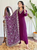 Lovely Wine Viscose Event Wear Pant Suit With Bandhani Dupatta