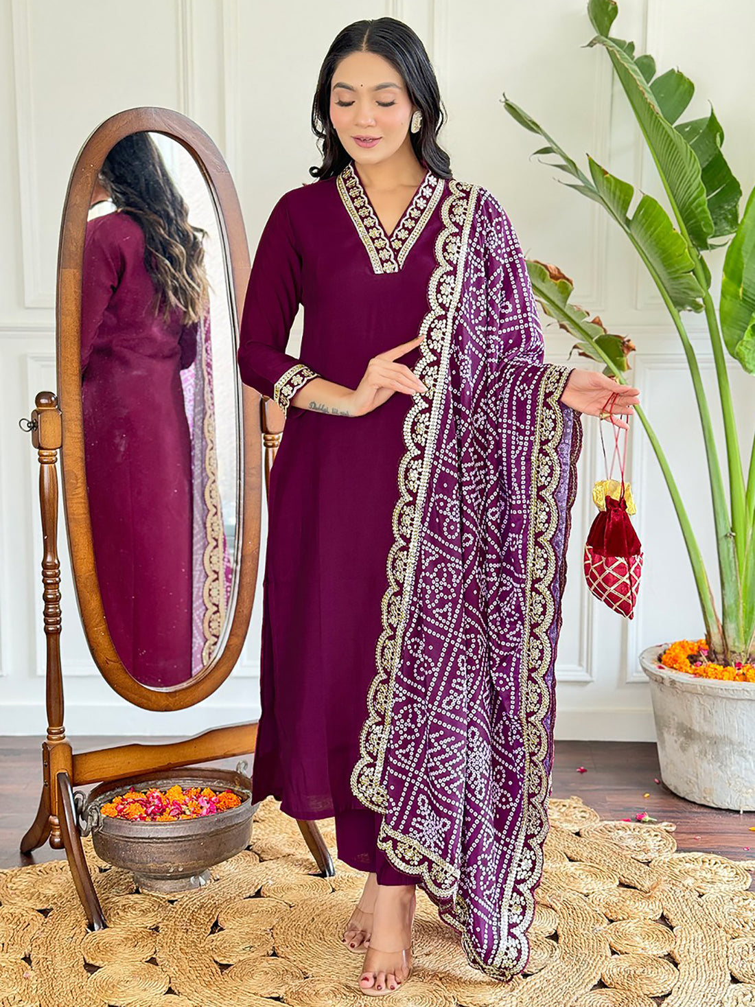 Lovely Wine Viscose Event Wear Pant Suit With Bandhani Dupatta